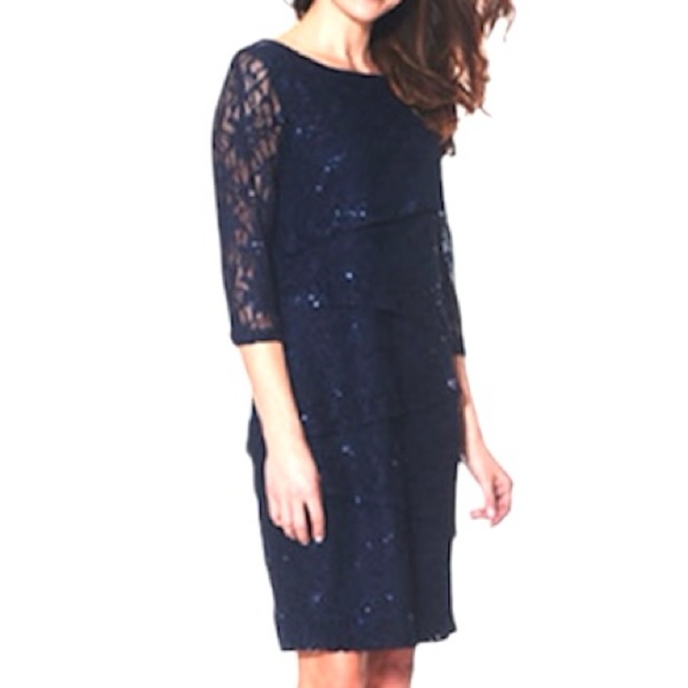 Ronnie Nicole Navy Lace Tiered Formal Knee Length Dress Size 12